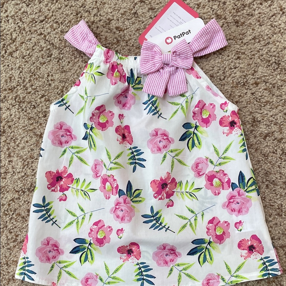 PatPat White Dress with Pink Floral and Green Leaves